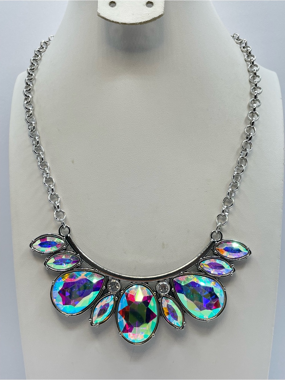 Silver AB Crystal Statement Bib Necklace Iridescent Glam Bold